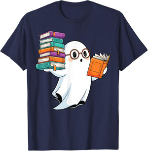 Ghost Reading Books Halloween Library T-Shirt - T-Shirt | Navy