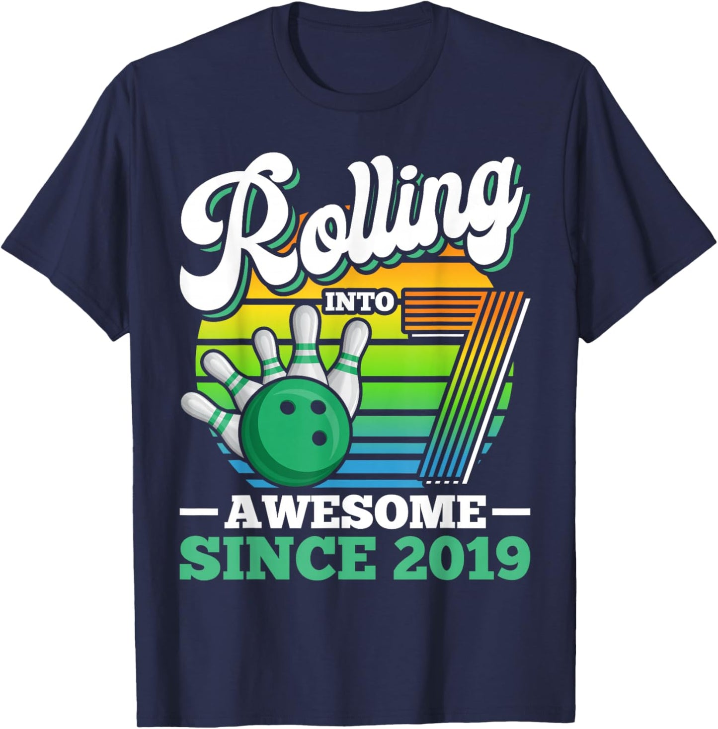 Rolling Into 7 Boy Retro Bowling Birthday Party 7th Birthday T-Shirt - T-Shirt | Navy