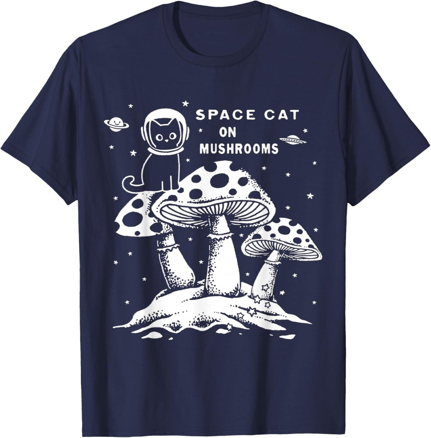 Space Cat on Mushrooms T-Shirt - T-Shirt | Navy