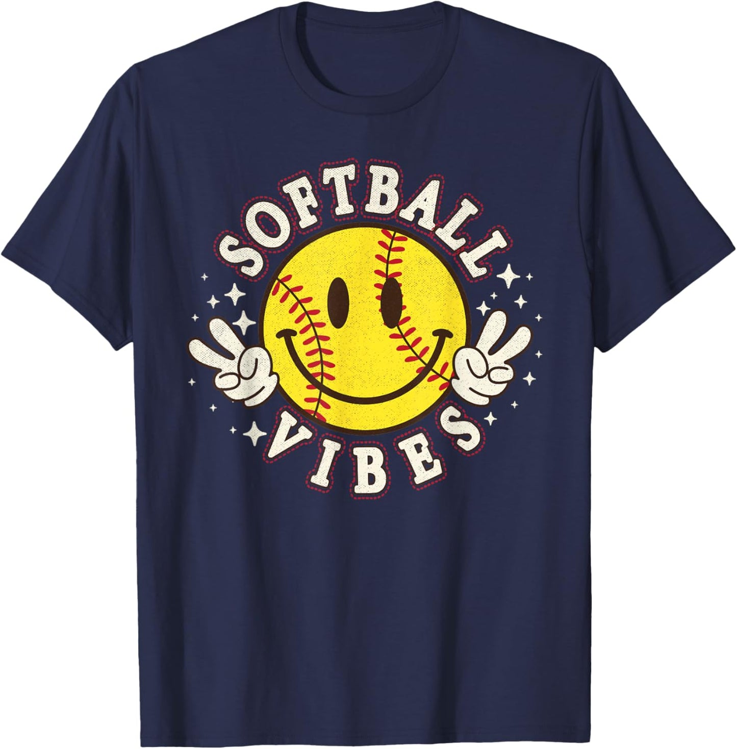 Softball Vibes Smile Face Game Day Softball Life Mom Retro T-Shirt - T-Shirt | Navy