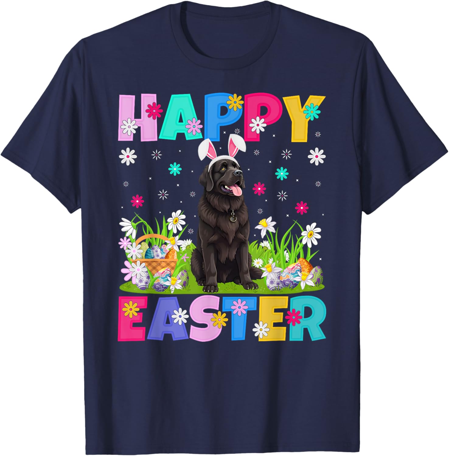 Newfoundland Dog Happy Easter Egg Hunt Bunny Ear Easter T-Shirt - T-Shirt | Navy