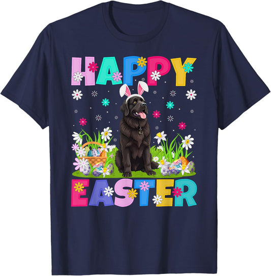 Newfoundland Dog Happy Easter Egg Hunt Bunny Ear Easter T-Shirt - T-Shirt | Navy