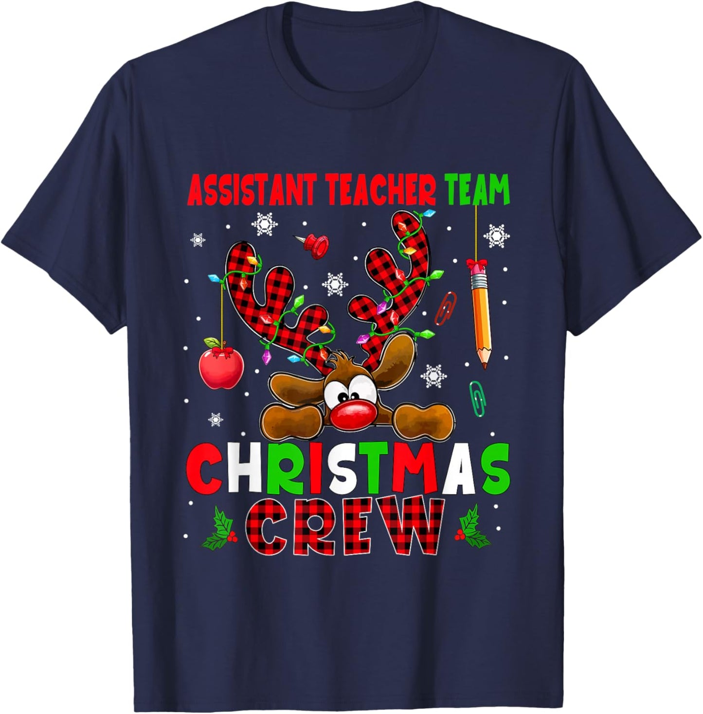 Assistant Teacher Team Christmas Crew Job Colorful Reindeer T-Shirt - T-Shirt | Navy