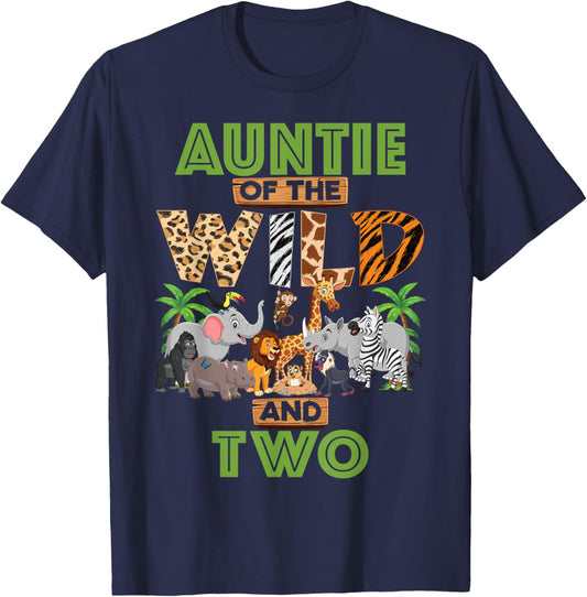 2nd Birthday Zoo Safari Jungle Auntie Of The Wild and Two T-Shirt - T-Shirt | Navy