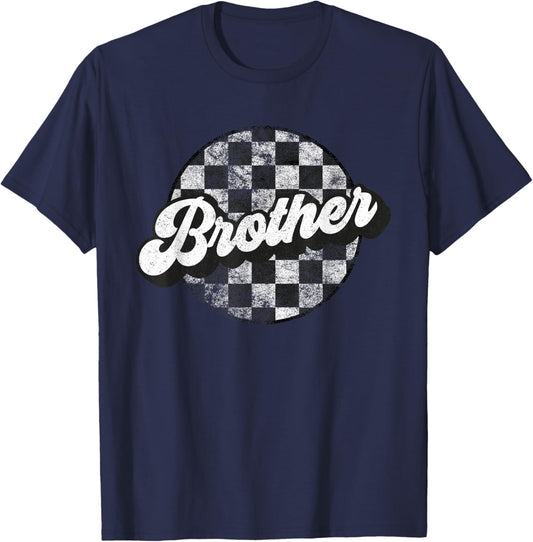 Funny Retro Checkered Brother Race Vintage Matching Family T-Shirt - T-Shirt | Navy