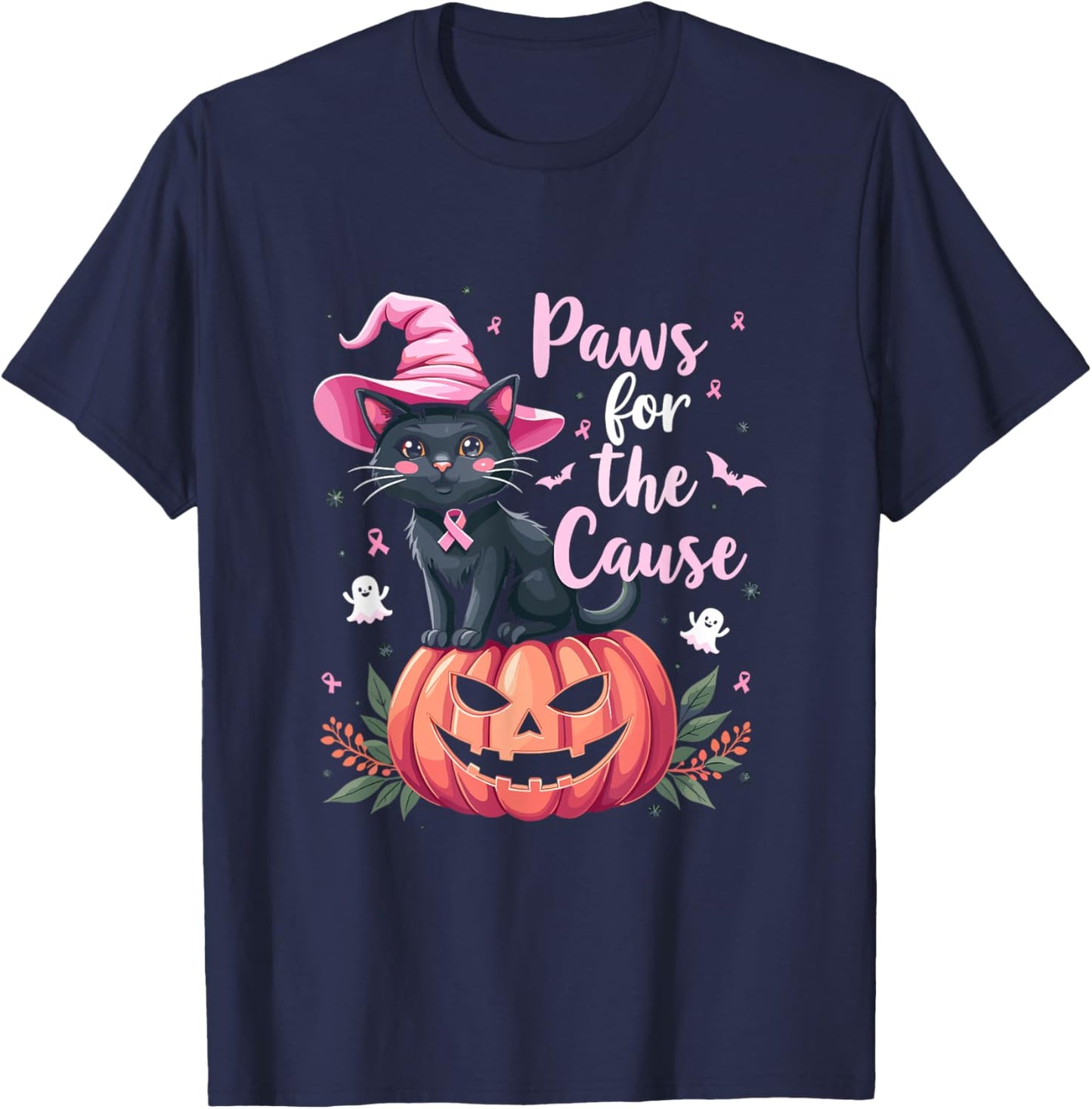 Paws For The Cause Pink Ribbon Witch Hat Pumpkin T-Shirt - T-Shirt | Navy