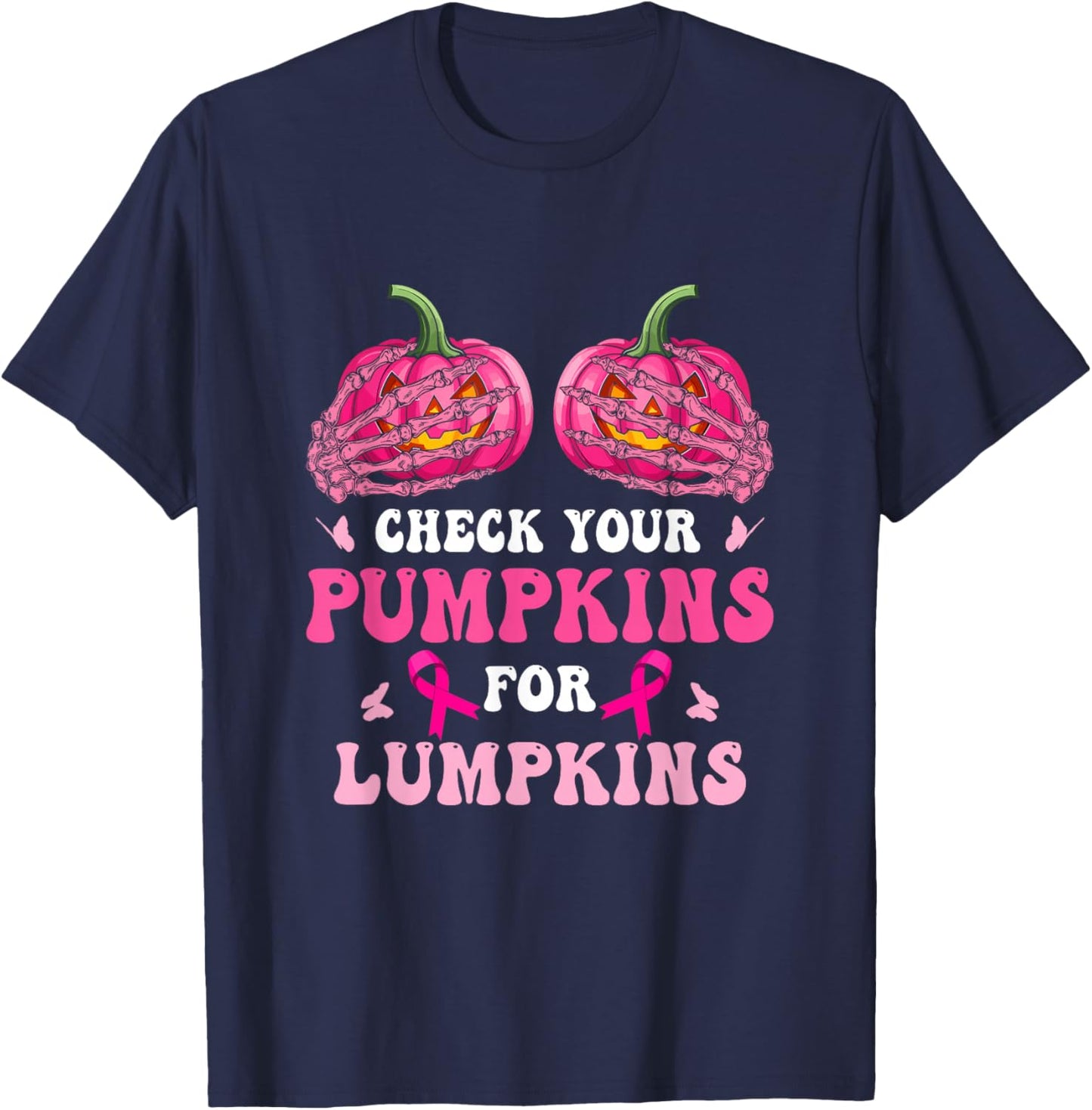 Check Your Pumpkins Breast Cancer Awareness Halloween T-Shirt - T-Shirt | Navy