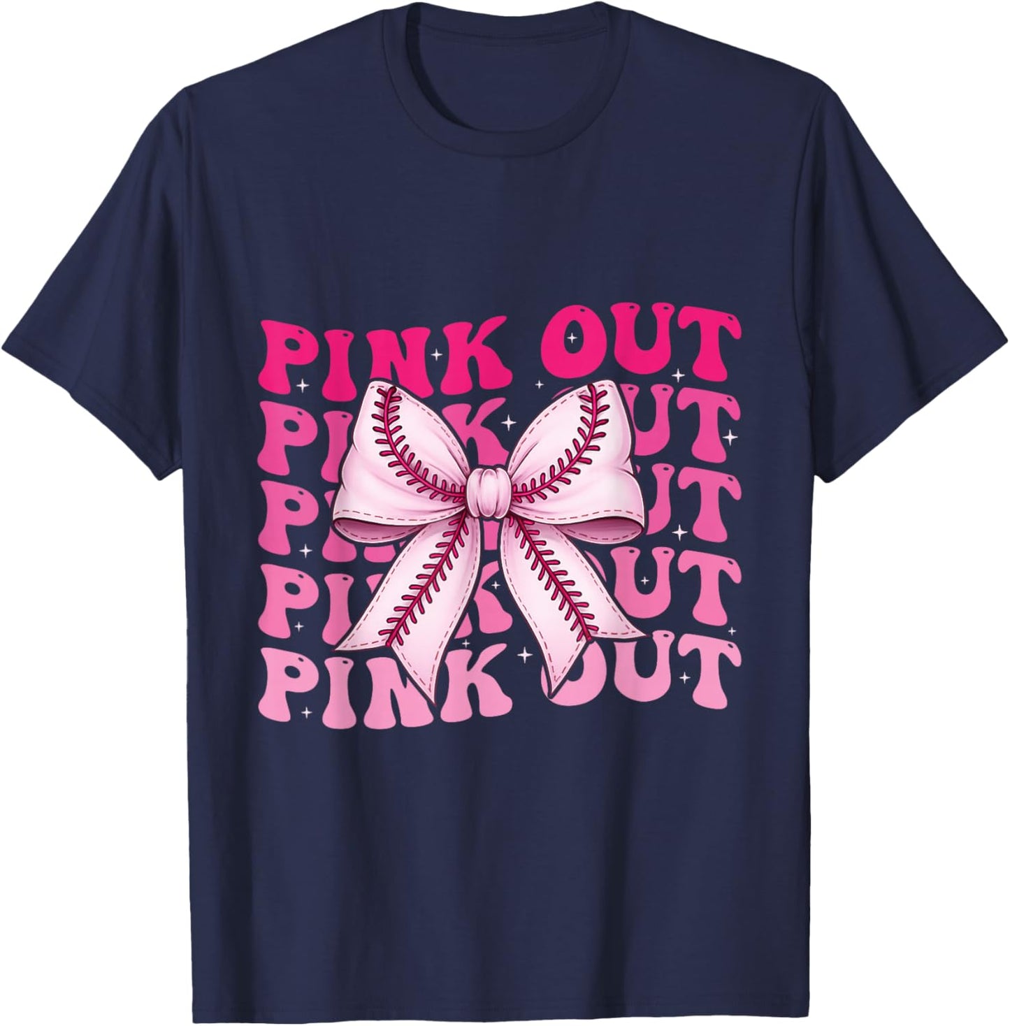 Pink Out Baseball Bow Breast Cancer Coquette Bow Women Girl T-Shirt - T-Shirt | Navy