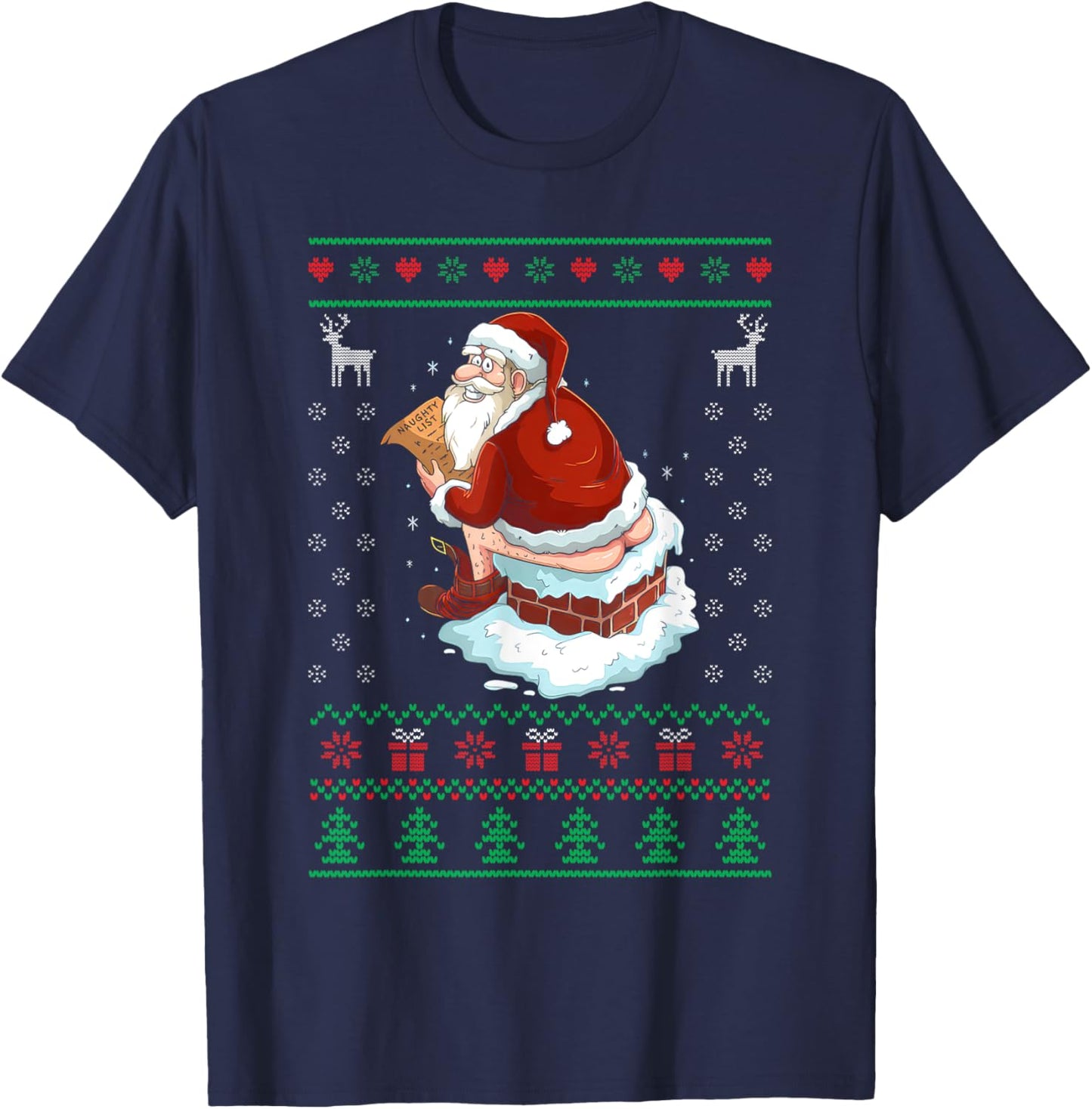 Funny Santa Pooping Down the Chimney Ugly Sweater Christmas T-Shirt - T-Shirt | Navy