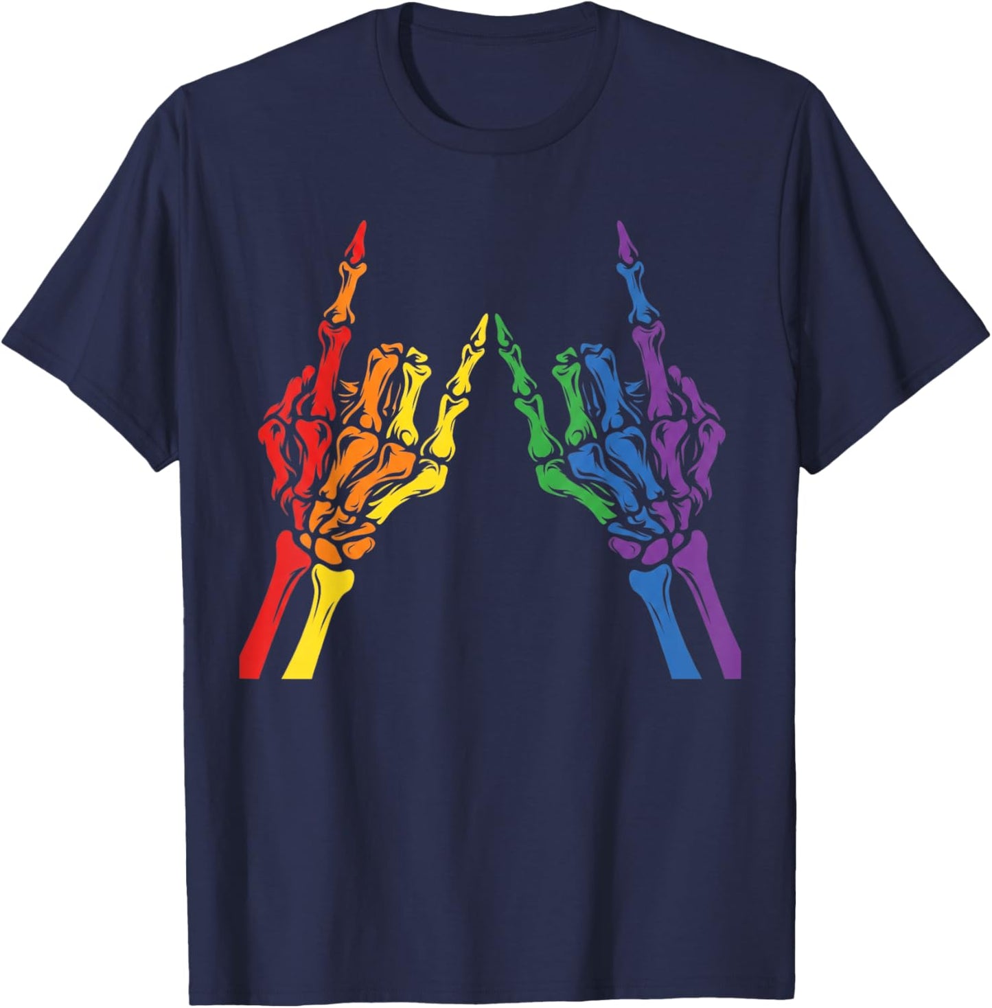 Skeleton Rock Hand LGBT-Q Cool Rainbow Flag Gay Pride Ally T-Shirt - T-Shirt | Navy