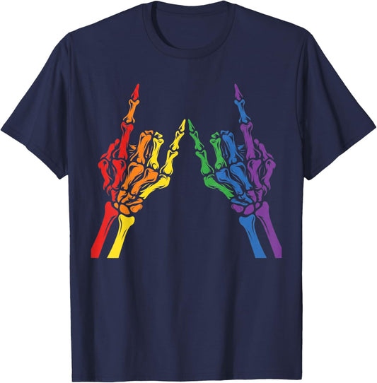 Skeleton Rock Hand LGBT-Q Cool Rainbow Flag Gay Pride Ally T-Shirt - T-Shirt | Navy