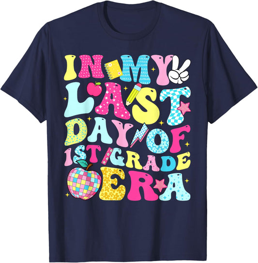 in My Last Day of 1st Grade Era Groovy Boy Girl Student T-Shirt - T-Shirt | Navy