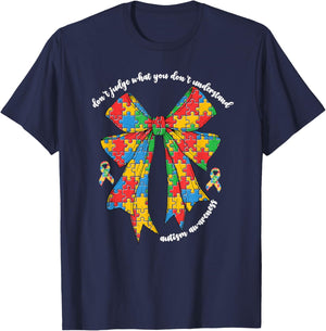 Don't Judge Autism Awareness Coquette Bow Women Autism Mom T-Shirt - T-Shirt | Navy