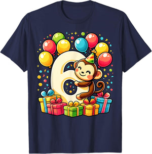 Bday sixth Boys, Girls, Kids age six 6th birthday Monkey T-Shirt - T-Shirt | Navy