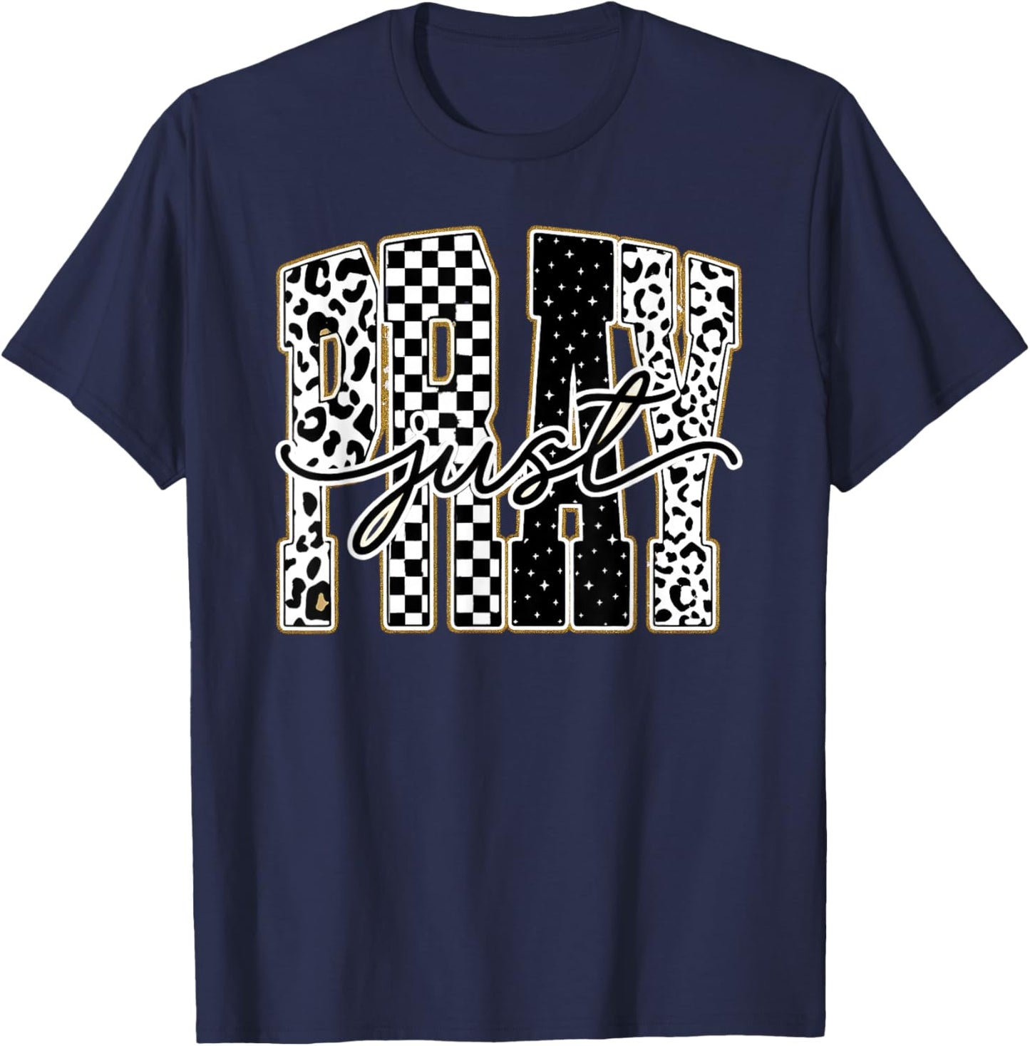 Christian Just Pray Leopard Checkered T-Shirt - T-Shirt | Navy