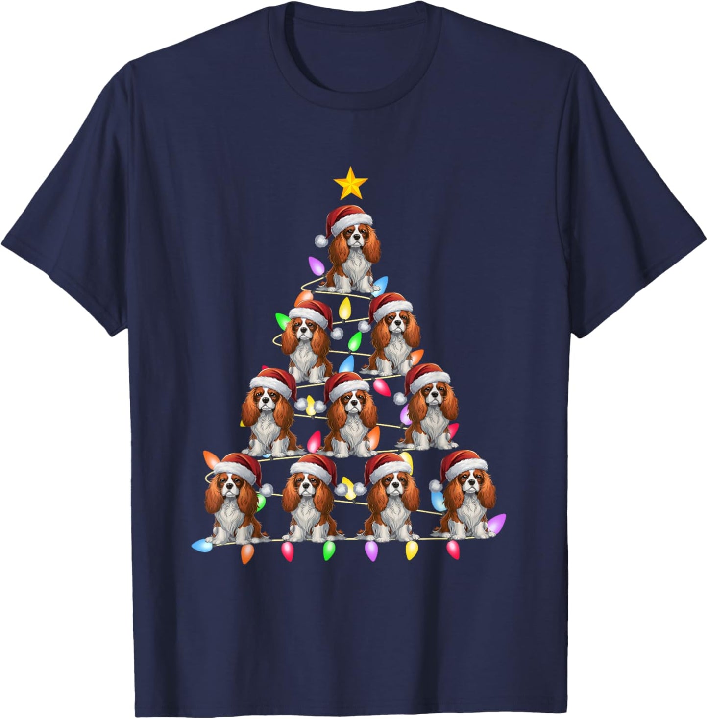Christmas Tree Light Santa Cavalier King Charles Spaniel Dog Men Women Kids T-Shirt - T-Shirt | Navy
