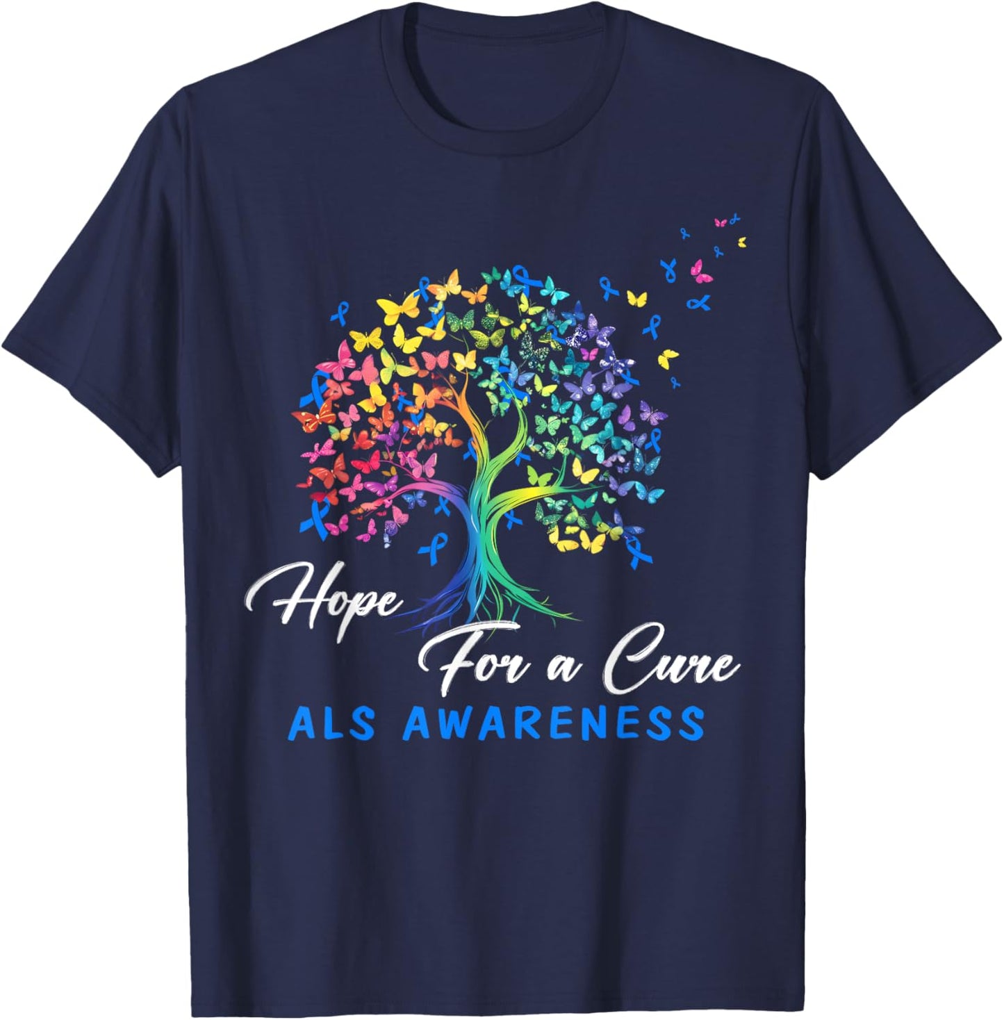 Hope A For Cure ALS Awareness Tree Blue Ribbon Support Team T-Shirt - T-Shirt | Navy