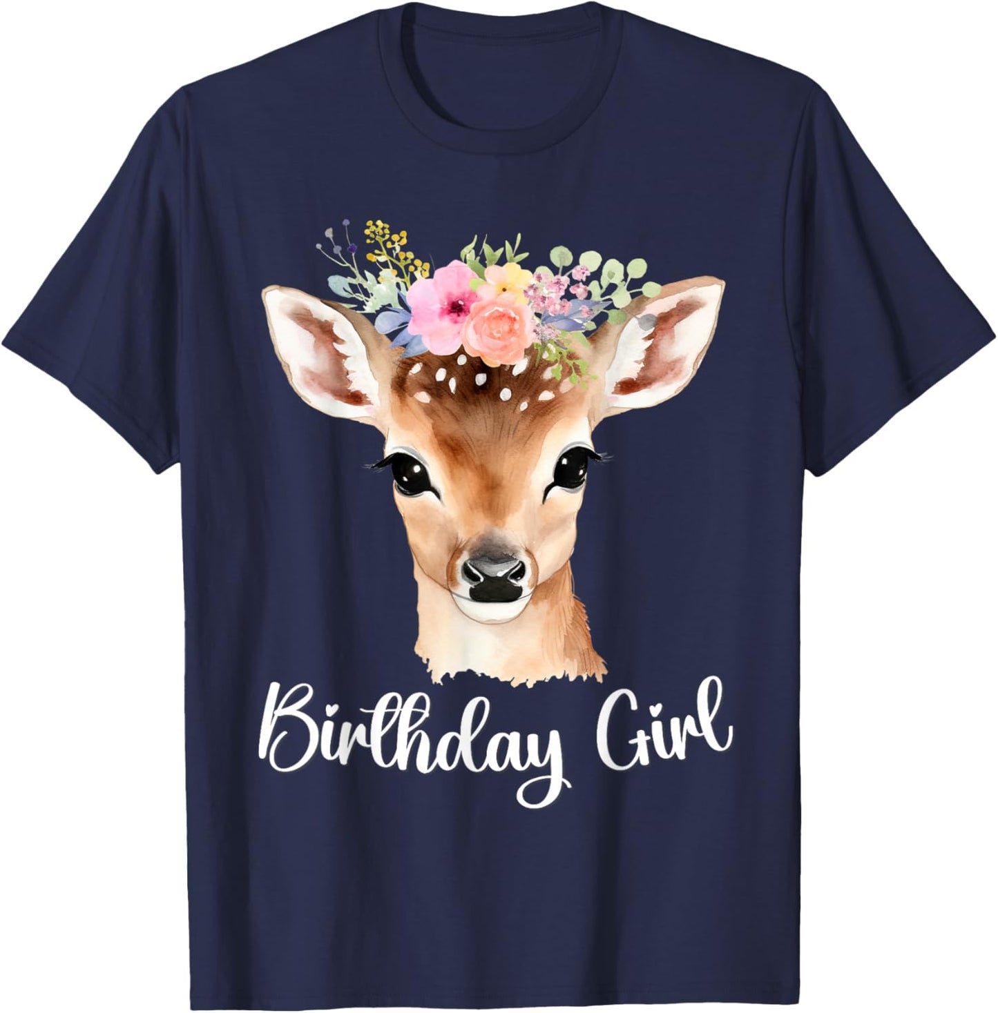 Fawn Baby Deer with Flowers Moms Women Youth Birthday Girl T-Shirt - T-Shirt | Navy