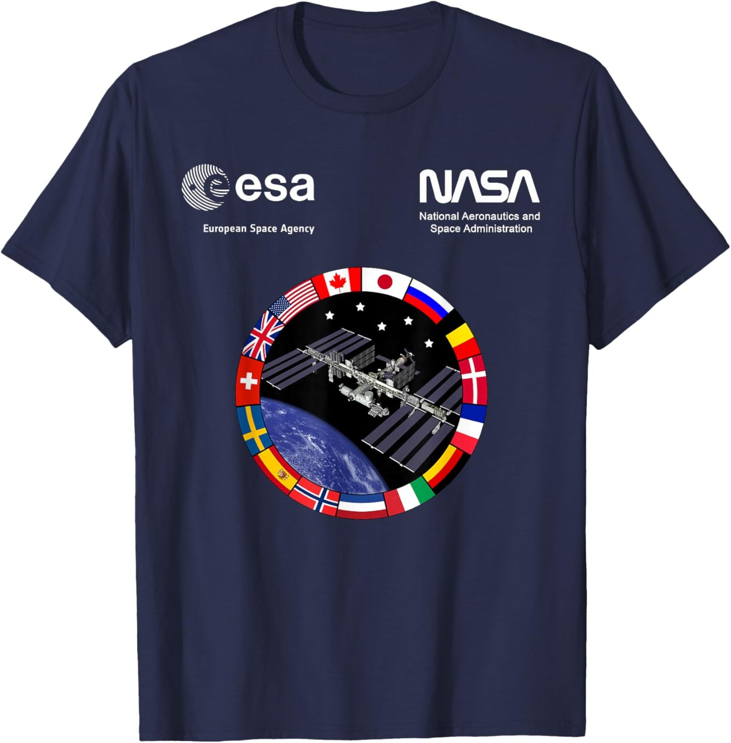NASA Worm and ESA Logo ISS International Space Station T-Shirt - T-Shirt | Navy