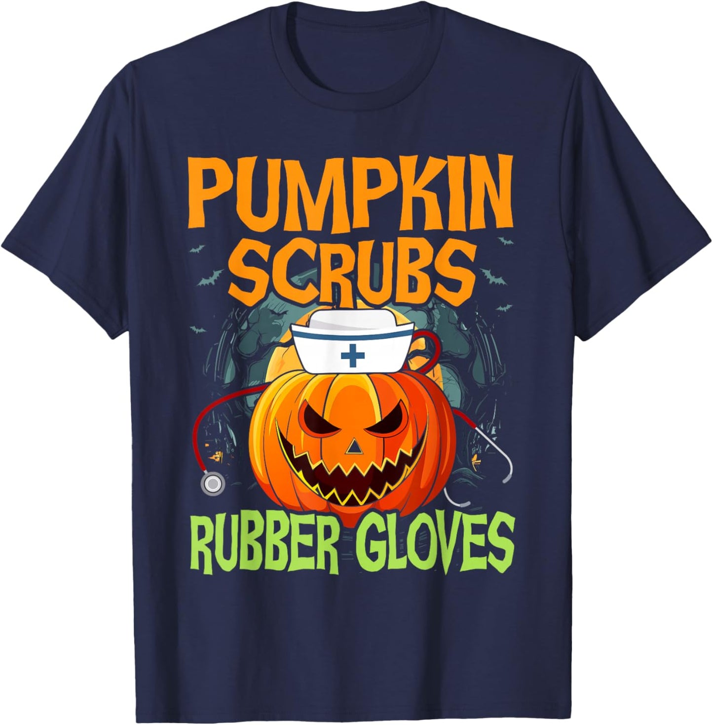 Pumpkin Scrubs Rubber Gloves Halloween Costume Nursing Nurse T-Shirt - T-Shirt | Navy