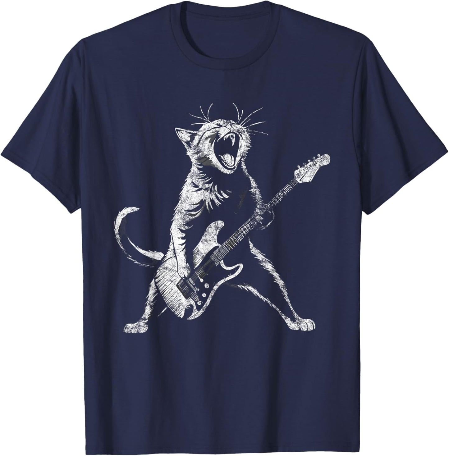 Retro funny guitar cat rock cat playing guitar T-Shirt - T-Shirt | Navy