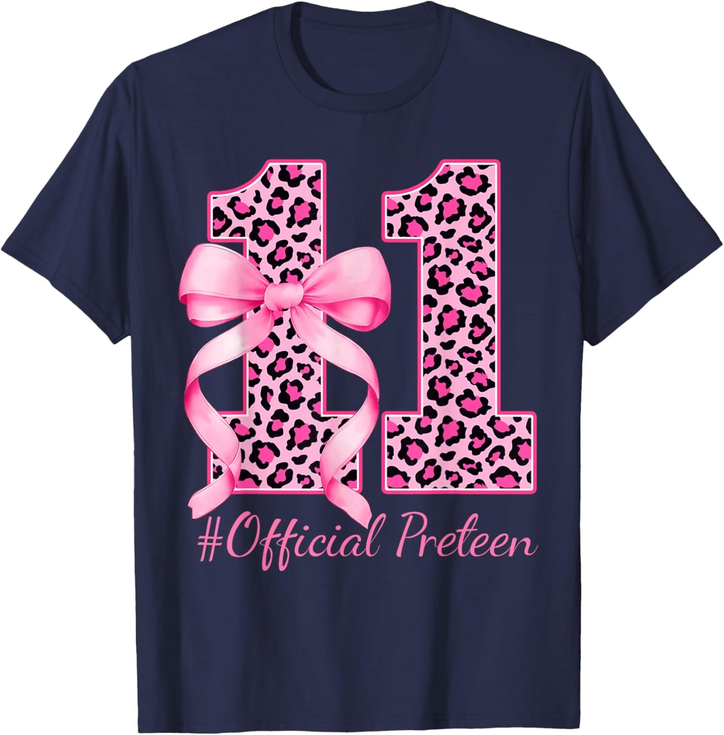Cute 11th Birthday Girl Leopard Coquette Bow 11 Year Old T-Shirt - T-Shirt | Navy