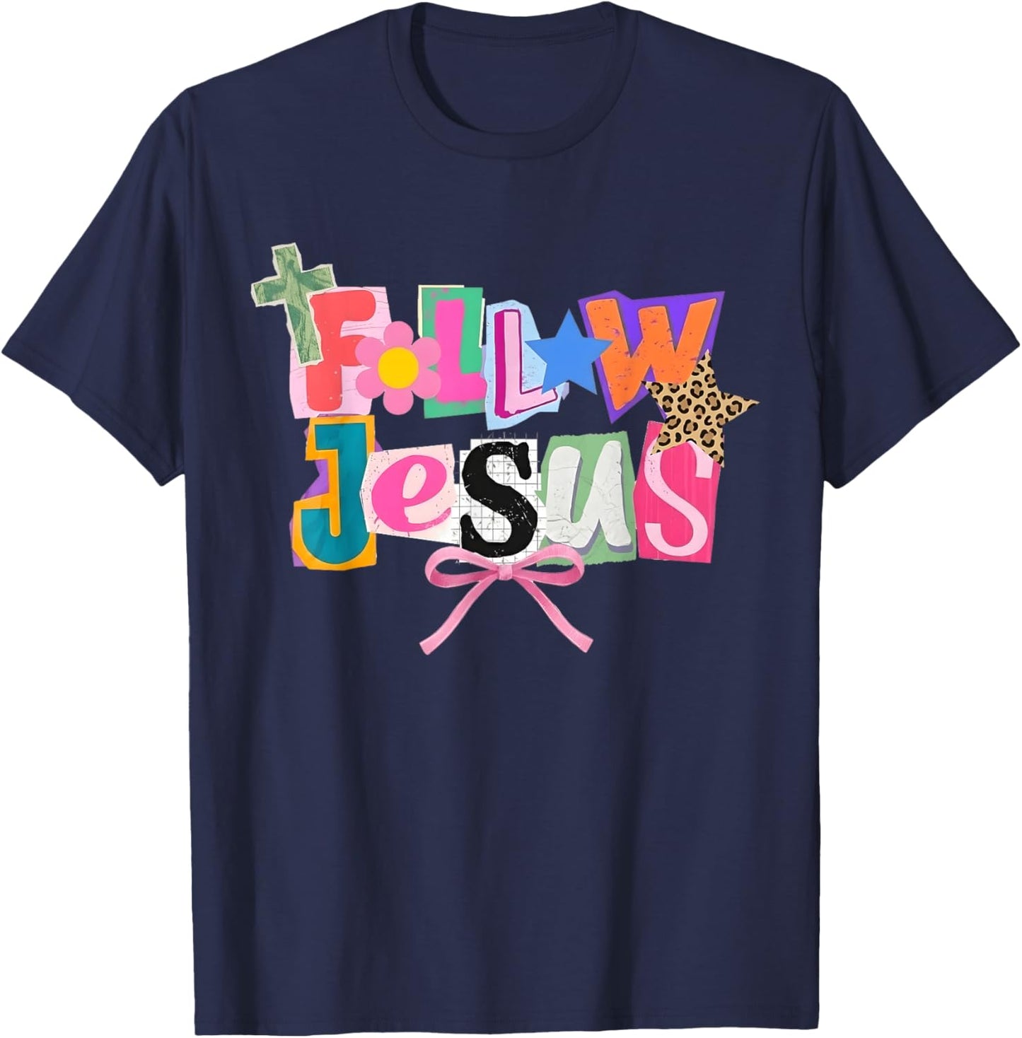 Preppy Follow Jesus Collage Y2K Coquette Faith Bow Leopard T-Shirt - T-Shirt | Navy