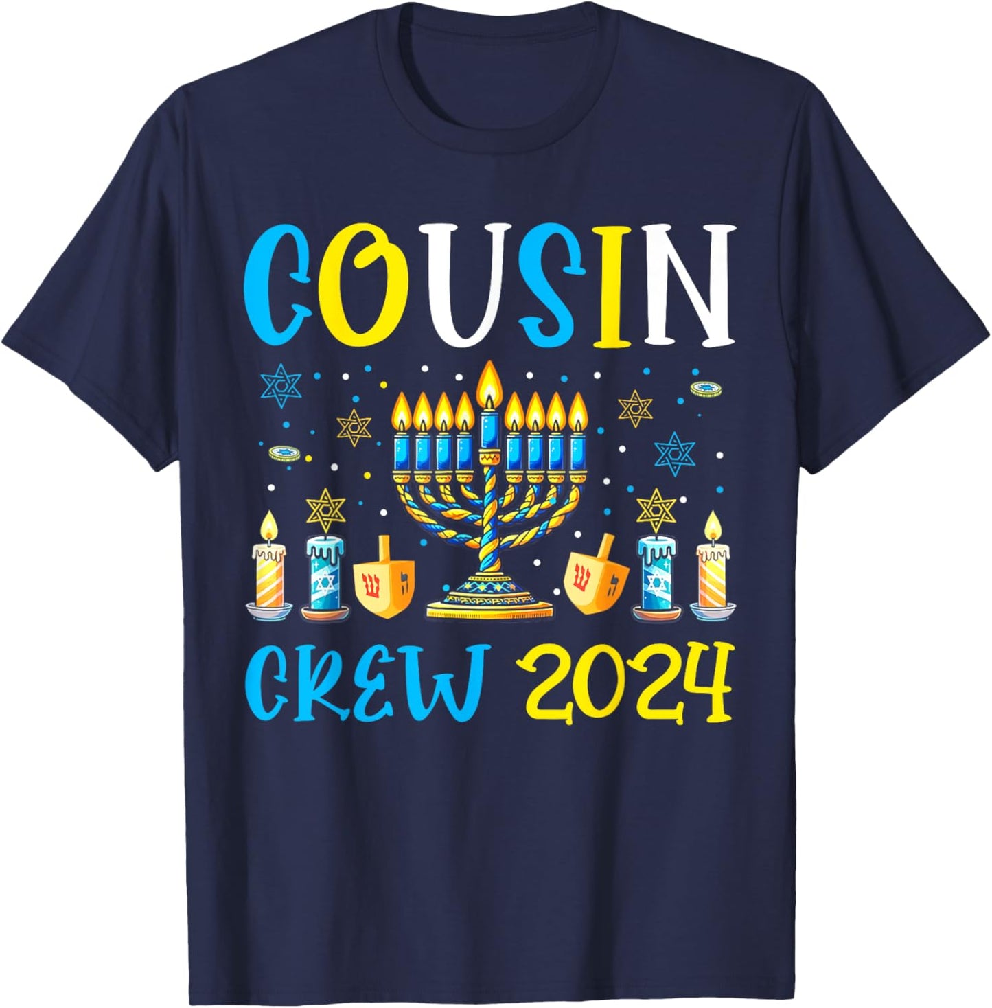 Cousin Crew 2024 Hanukkah Family Costume Menorah Dreidel T-Shirt - T-Shirt | Navy