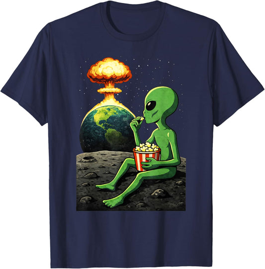 Funny Alien Watching Earth Popcorn Space Humor T-Shirt - T-Shirt | Navy