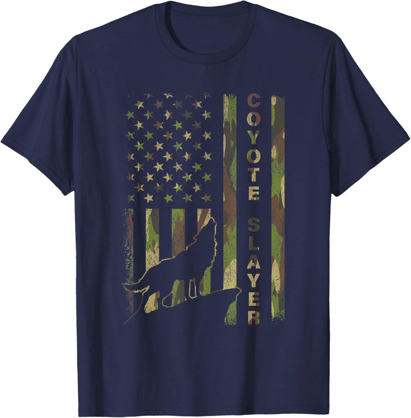 Hunter Camo American Flag Coyote Slayer Hunting Lovers T-Shirt - T-Shirt | Navy