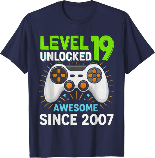 Level 19 Unlocked Awesome Since 2007 Gaming Birthday 19th T-Shirt - T-Shirt | Navy