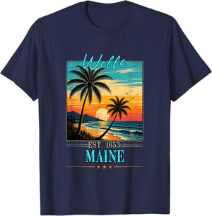 Wells Maine Sunset Beach Summer 2026 T-Shirt - T-Shirt | Navy