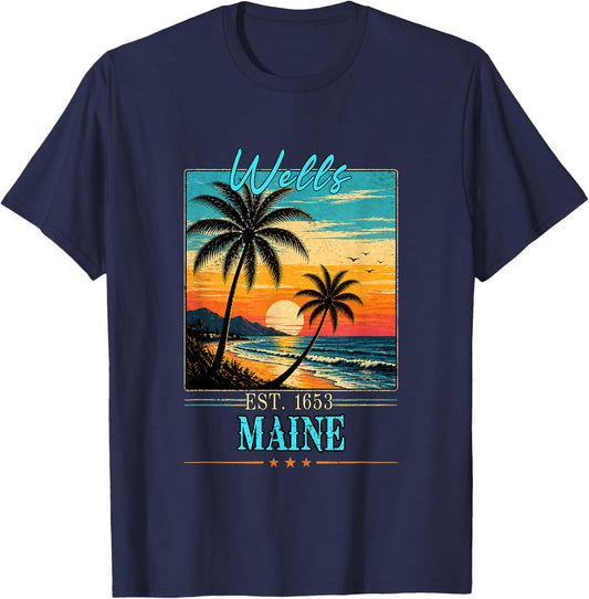 Wells Maine Sunset Beach Summer 2026 T-Shirt - T-Shirt | Navy