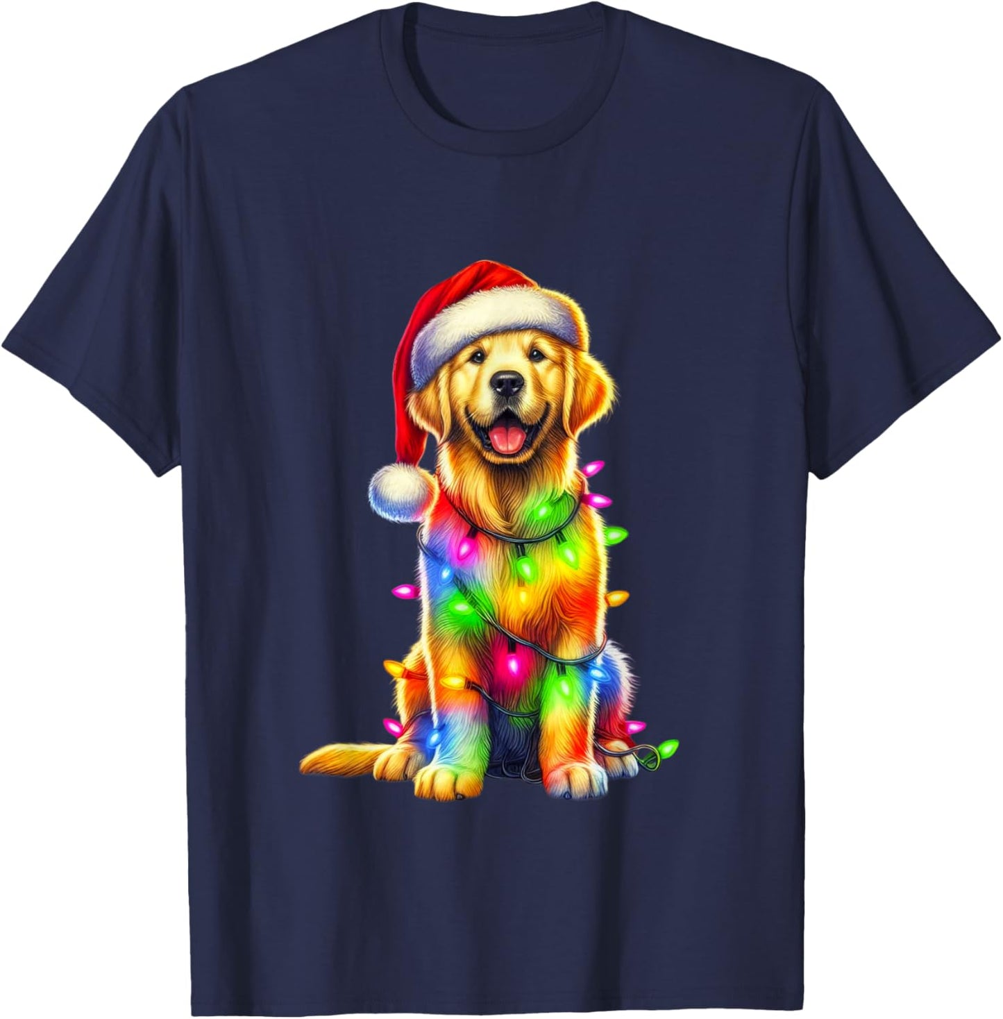 Golden Retriever Christmas Lights Santa Hat Xmas Dog Lover T-Shirt - T-Shirt | Navy