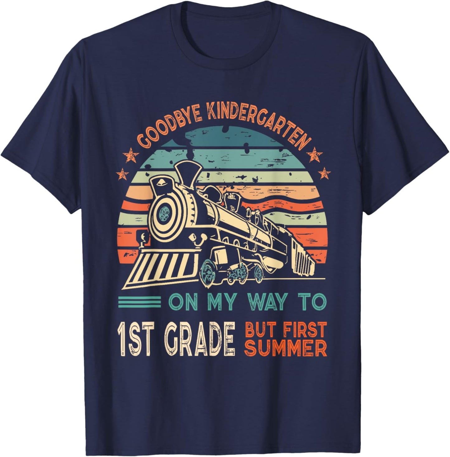 Goodbye Kindergarten To 1st Grade Summer Kids Vintage Train T-Shirt - T-Shirt | Navy