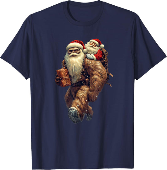 Funny Bigfoot and Santa Christmas Funny Sasquatch T-Shirt - T-Shirt | Navy