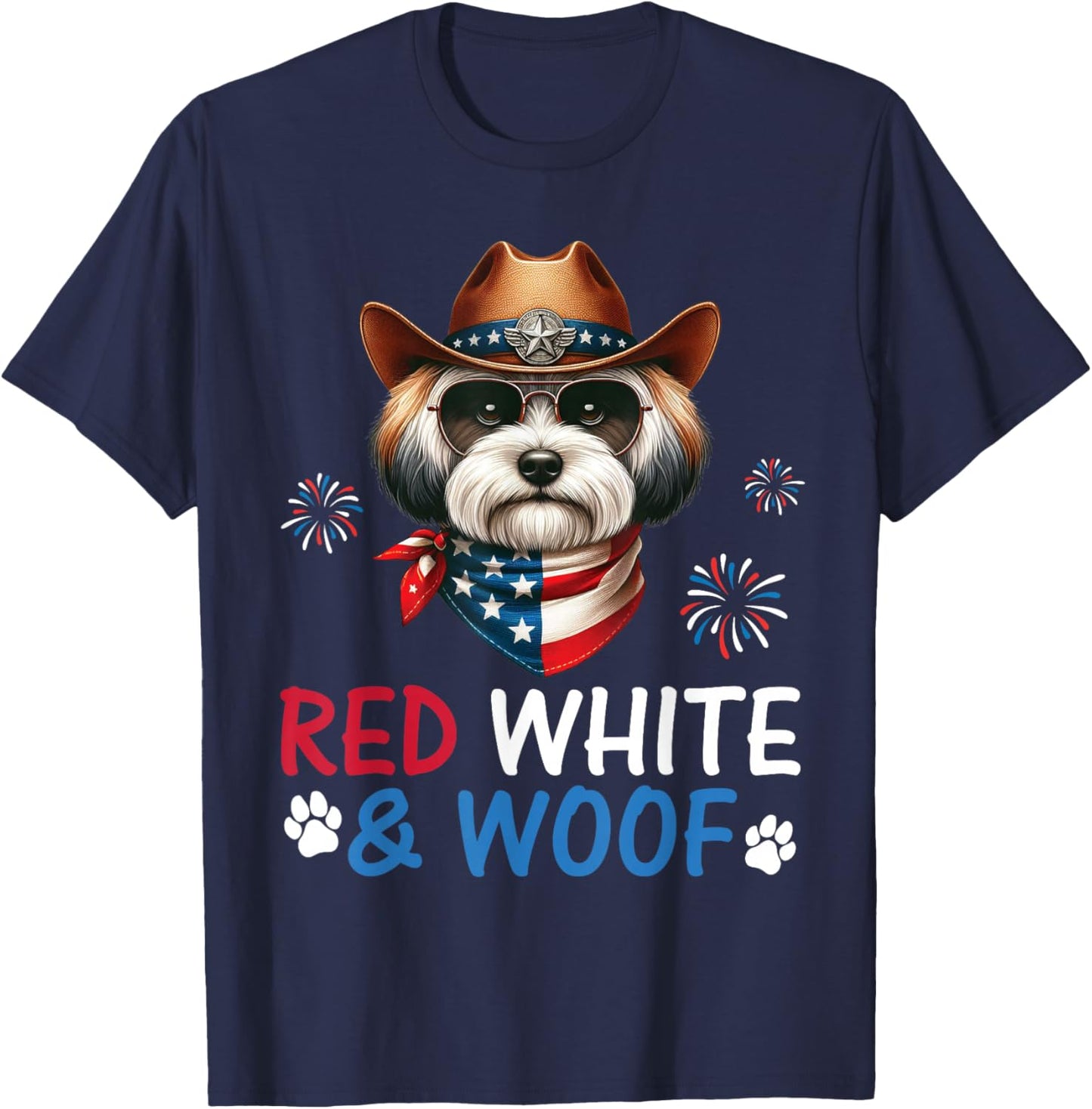 Havanese Dog Cowboy Costume Fireworks Red White and Woof T-Shirt - T-Shirt | Navy