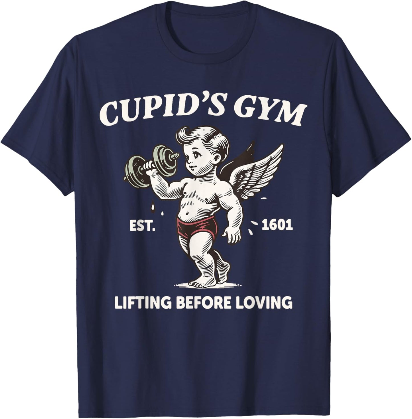 Cupid's Gym Lifting Before Loving Cute Cupid Retro Valentine T-Shirt - T-Shirt | Navy