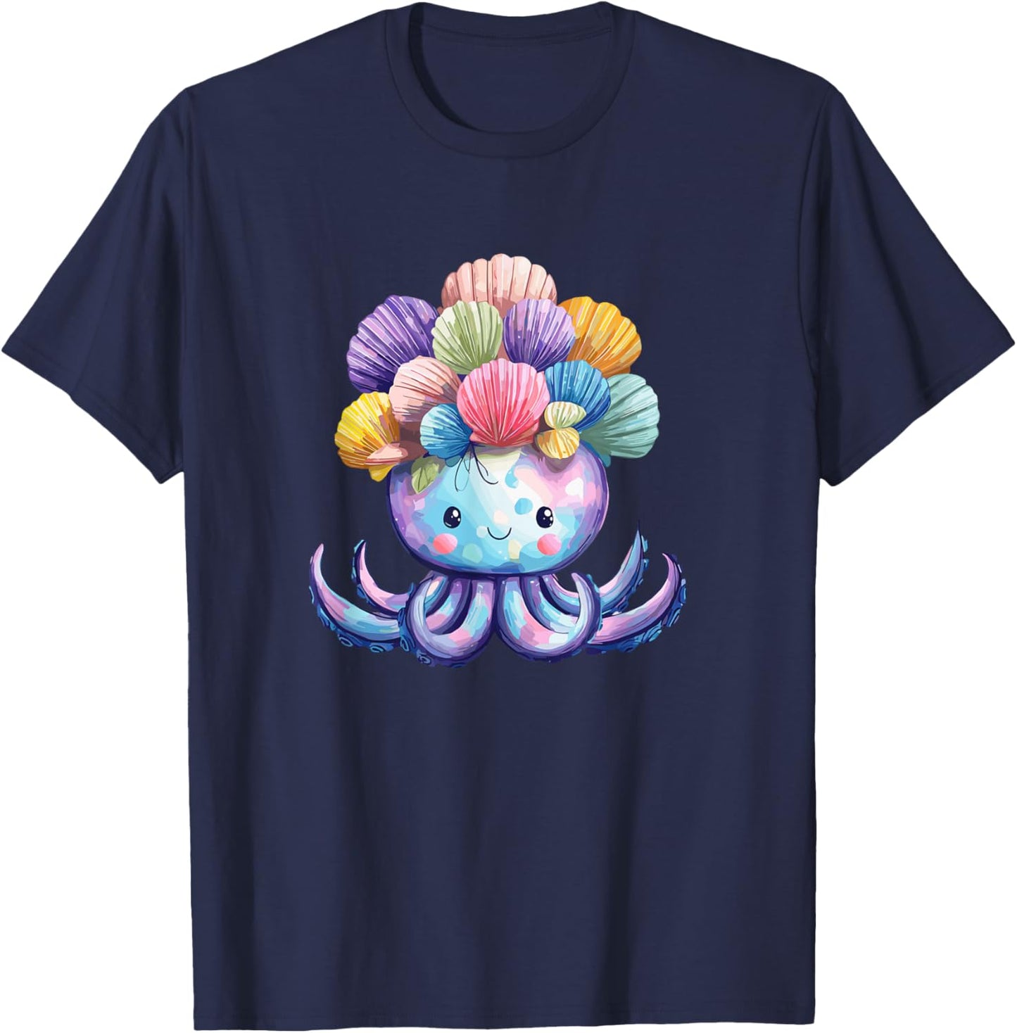 Méduse Kawaii avec Couronne de Coquillages colorés T-Shirt - T-Shirt | Navy
