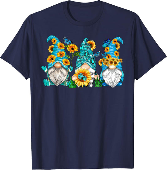Cute Gnomes With Sunflower Butterfly Gardeners Summer Floral T-Shirt - T-Shirt | Navy