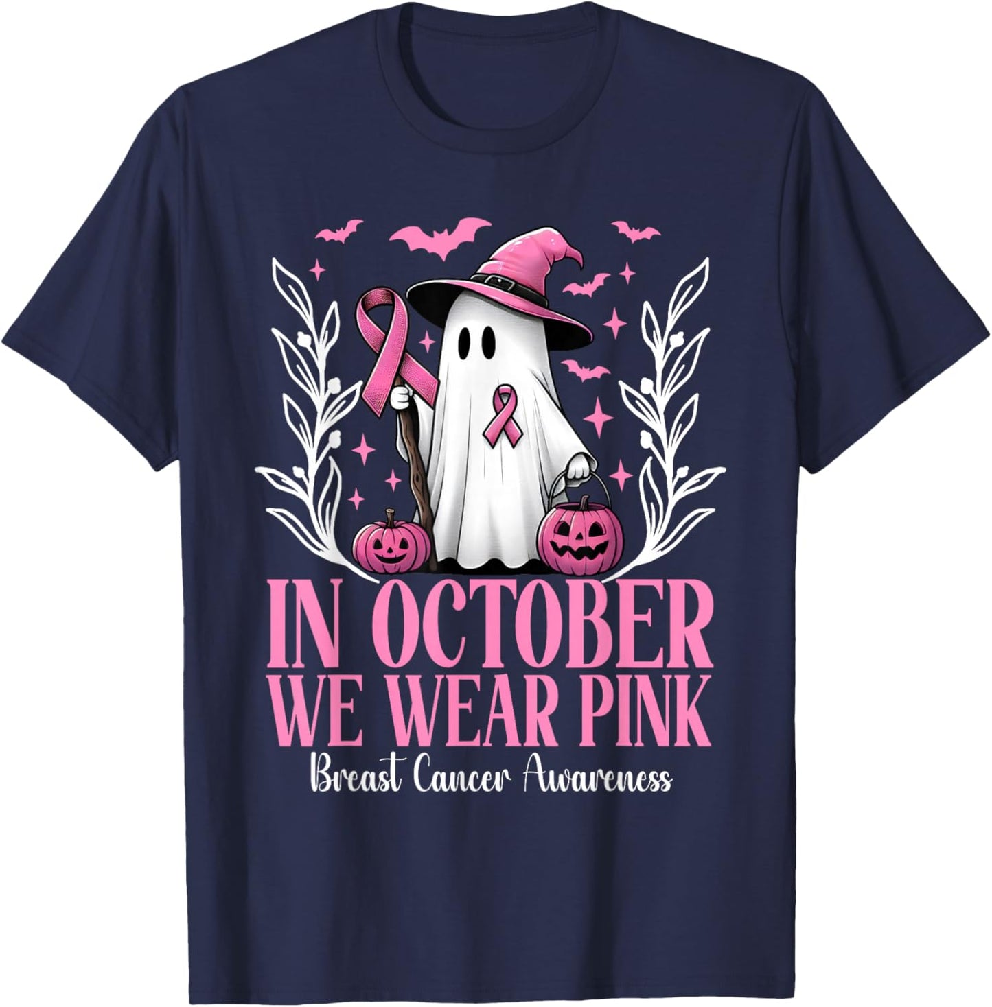 In October We Wear Pink Breast Cancer Witch Ghost Halloween T-Shirt - T-Shirt | Navy