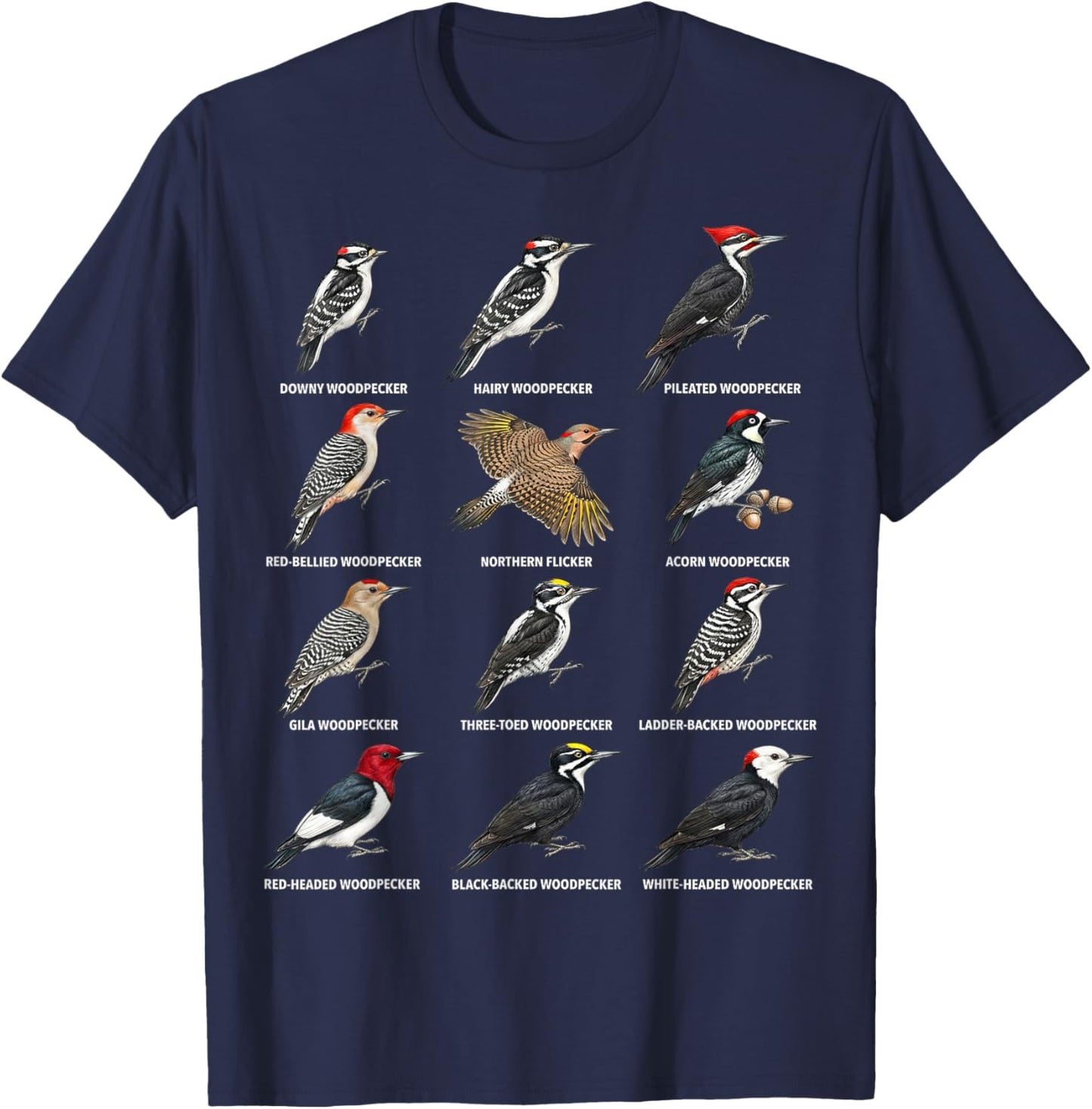 Woodpecker Species Chart – Types of Woodpeckers T-Shirt - T-Shirt | Navy