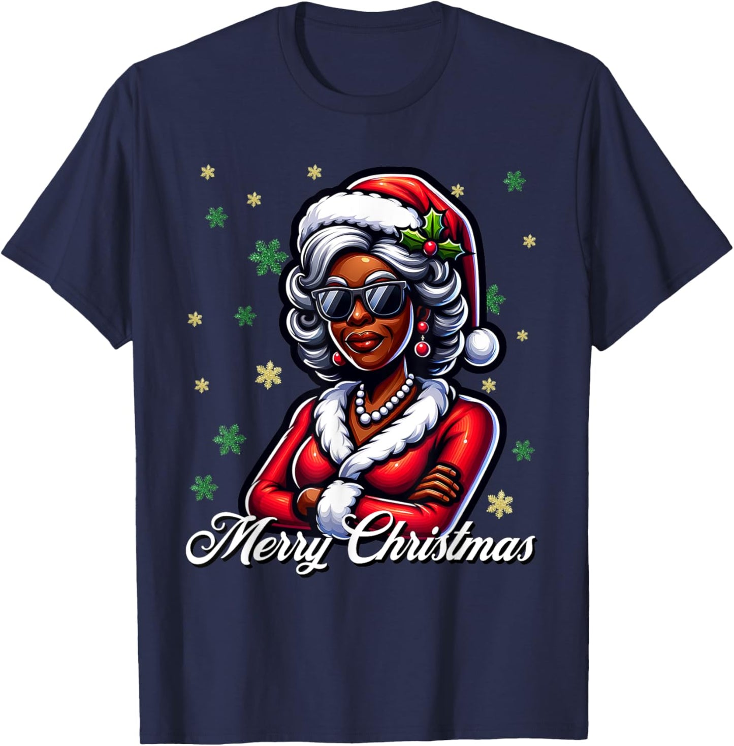 Mrs Santa African American Merry Christmas Melanin Queen T-Shirt - T-Shirt | Navy