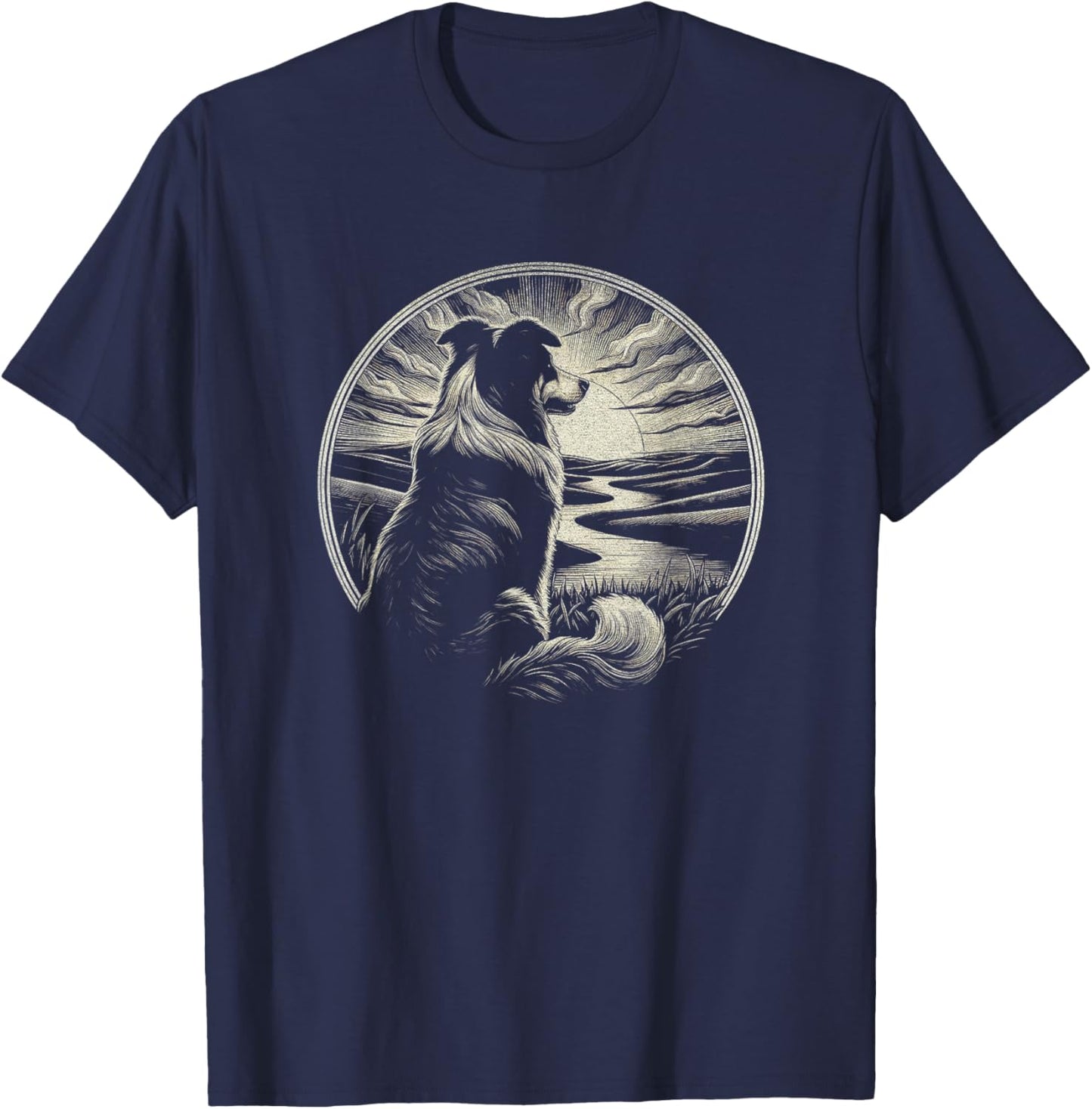 Vintage Australian Shepherd Dog Retro Sunset Art Design Men Women T-Shirt - T-Shirt | Navy