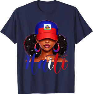 Haitian Girl Haiti Flag Proud Haitienne Afro Women Haiti T-Shirt - T-Shirt | Navy