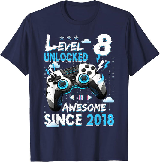8th Birthday Boys Level 8 Unlocked 8 Year Old Video Player T-Shirt - T-Shirt | Navy