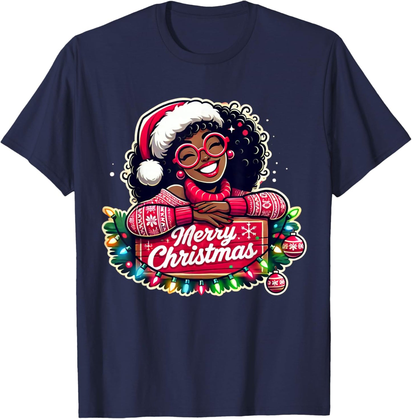 African American Merry Christmas African Black Women Girls T-Shirt - T-Shirt | Navy