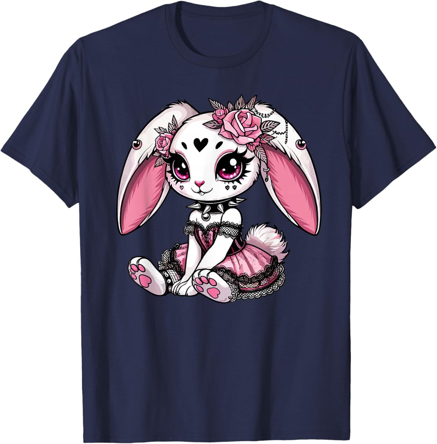 Gothic Bunny with Lace Corset and Roses T-Shirt - T-Shirt | Navy