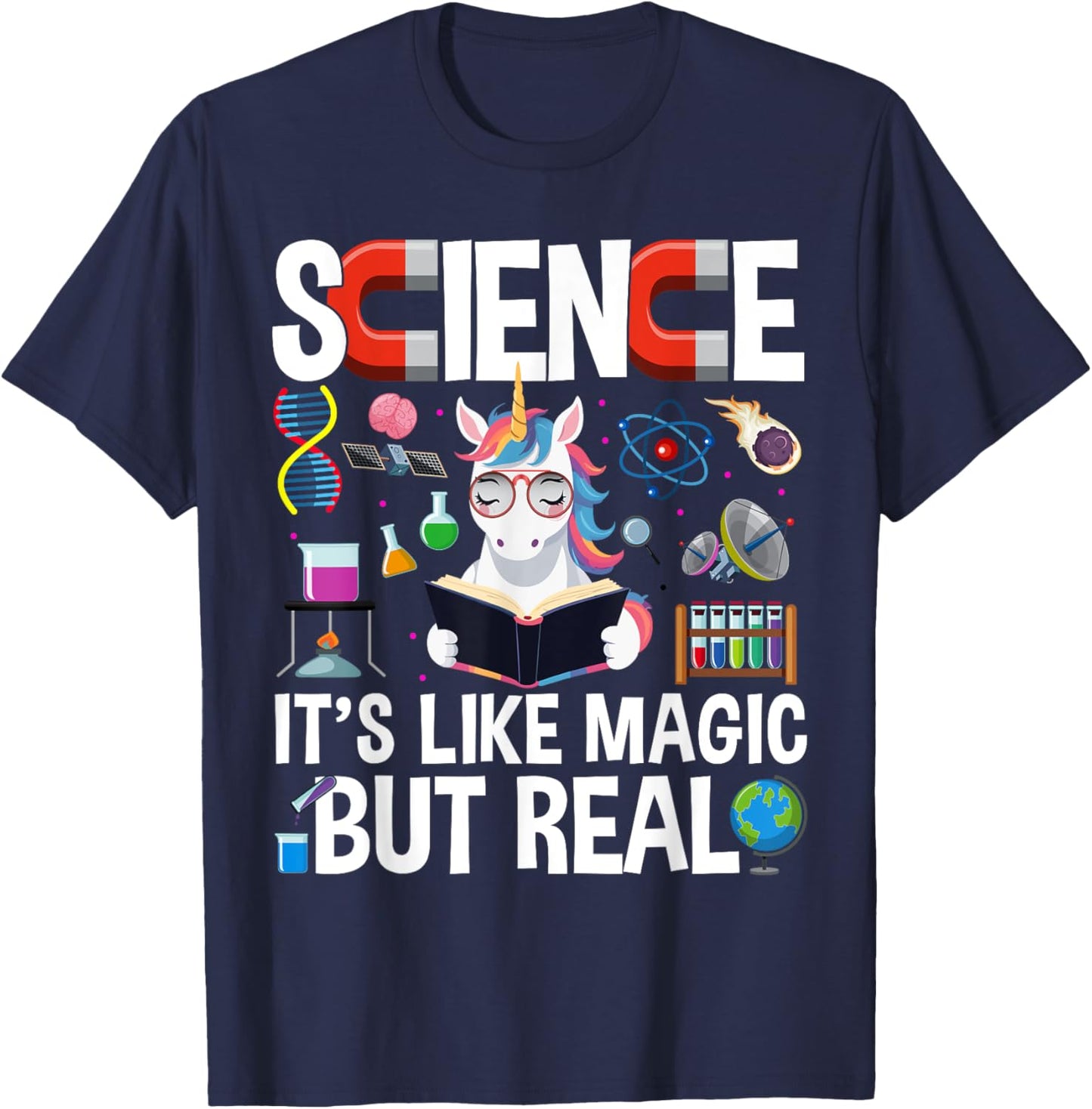 Funny Science Is Like Magic But Real Unicorn Funny Science T-Shirt - T-Shirt | Navy