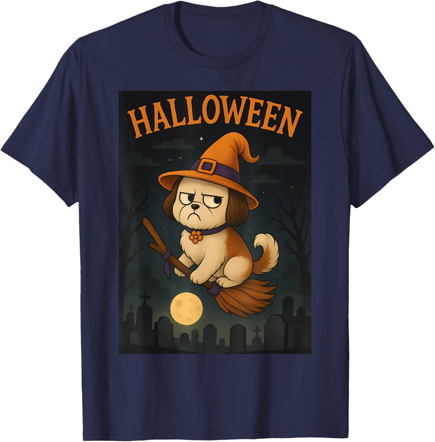Shih Tzu Grumpy Witch Funny Dog Halloween Costume T-Shirt - T-Shirt | Navy